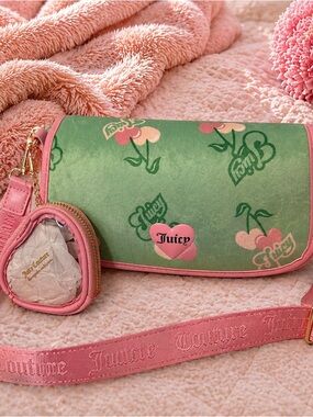 Retro Style Juicy Couture Cherry Crossbody Bag Chain Purse + Coin Purse Charm